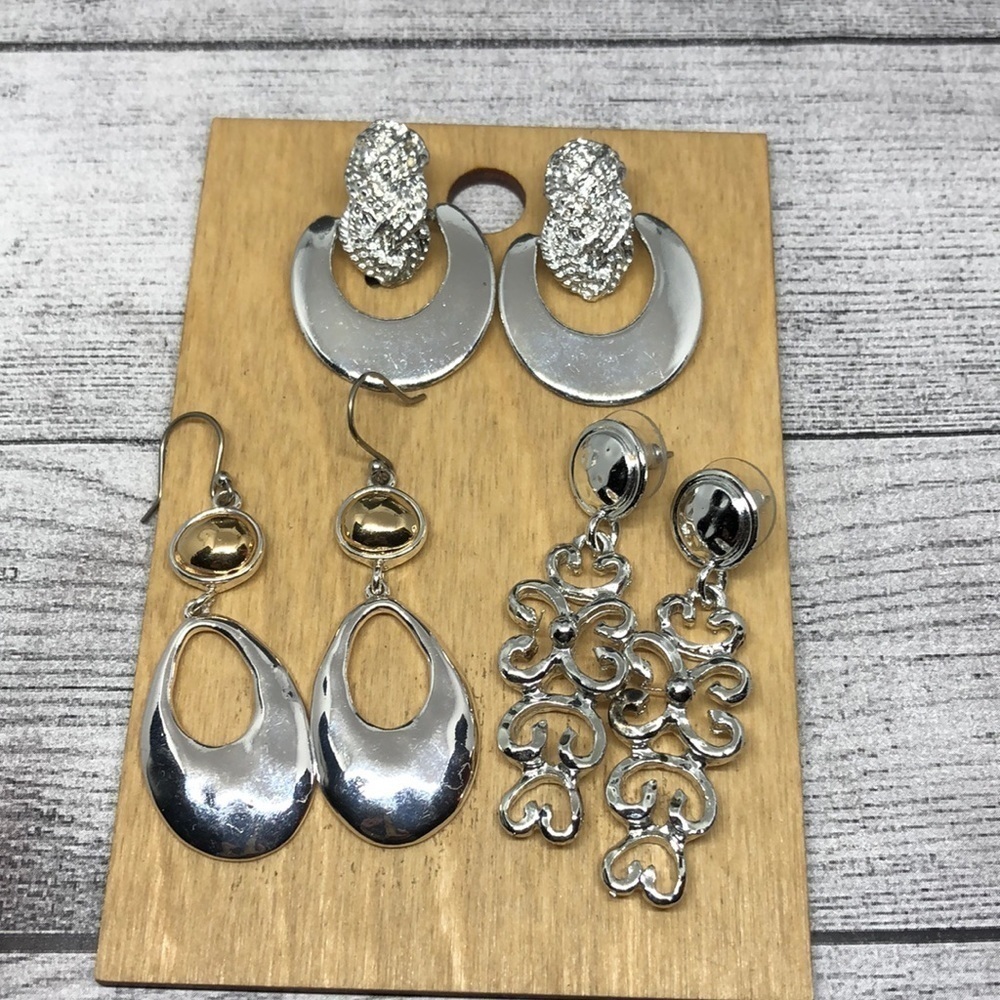Bundle lot 3 silver tone statement earrings dressy, doorknocker, dangle drop.